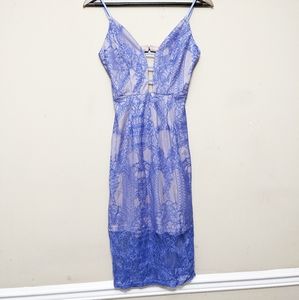 Blue and tan lace bodycon dress